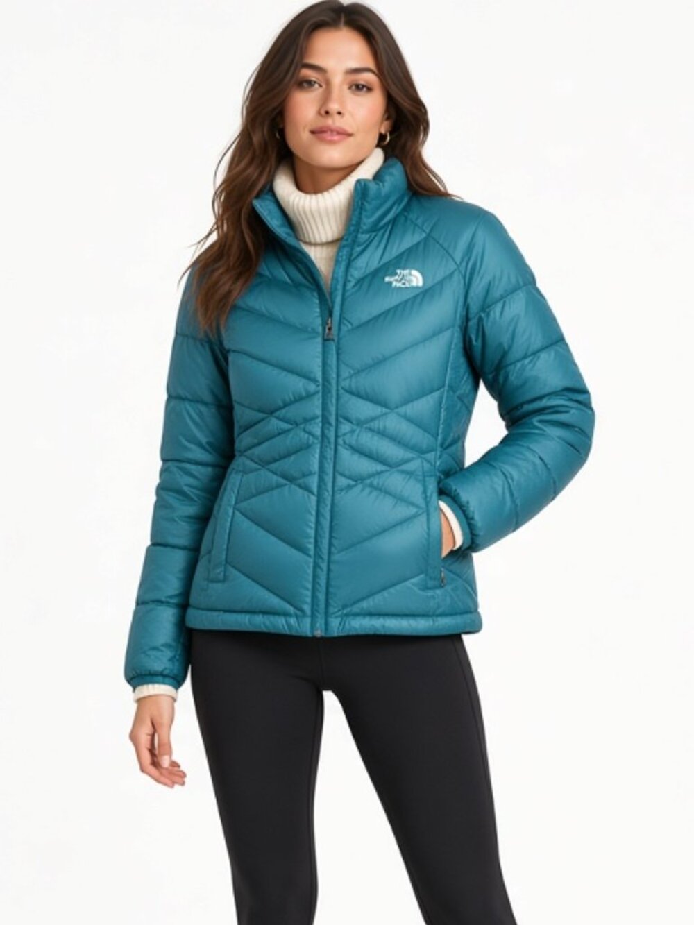 The North Face Teal Blue 550 Goose Down Zip Quilted Aconcagua Puffer Jacket